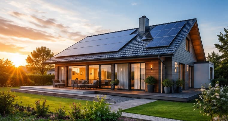 Maison individuelle équipée de panneaux photovoltaïques en toiture, au coucher du soleil
