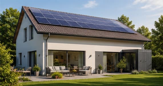 Maison avec panneaux photovoltaïques et terrasse aménagée