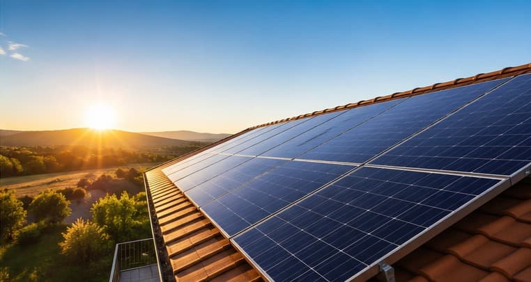 Panneaux photovoltaïques installés en toiture, vue rapprochée au lever du soleil